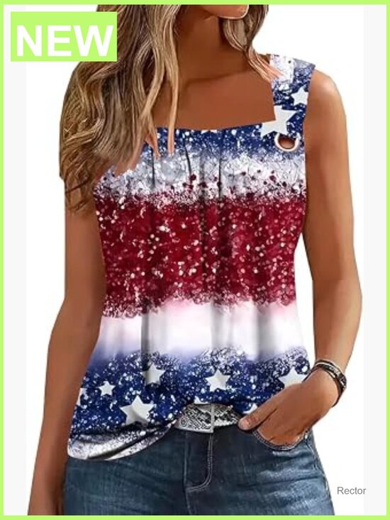Tops - Women's Square Neck Pleated Tank Top Sleeveless O Ring Shoulder Blouse